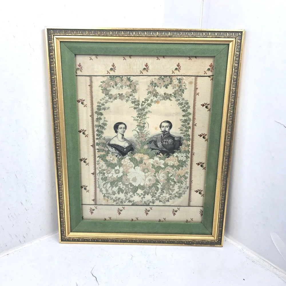 1855 Woven Silk Textile Empress Eugenie & Napoleon III Paris World's Fair Framed